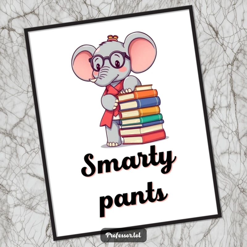 Funny Kawaii elephant professor art print, digitally rendered with a massive stack of books for instant download.
