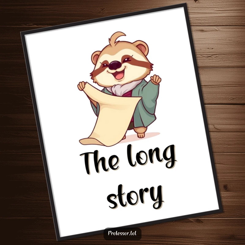 Funny Sloth Professor Digital Art: A joyful sloth professor slowly unfurls a very long scroll, a downloadable and hilarious artwork.