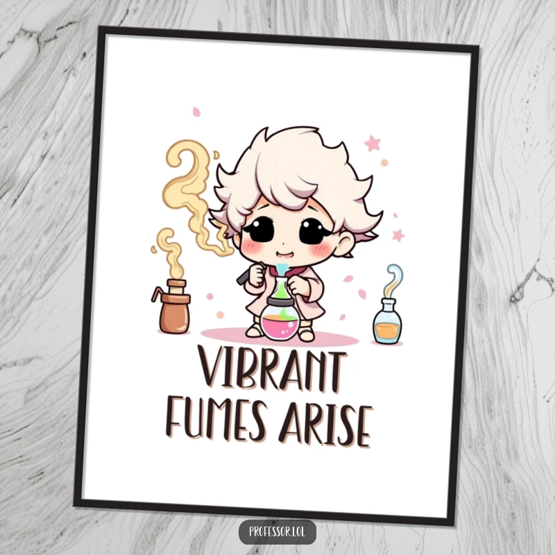 Funny digital art print of a character happily creating colorful smoke, ideal for artistic and humorous decor.