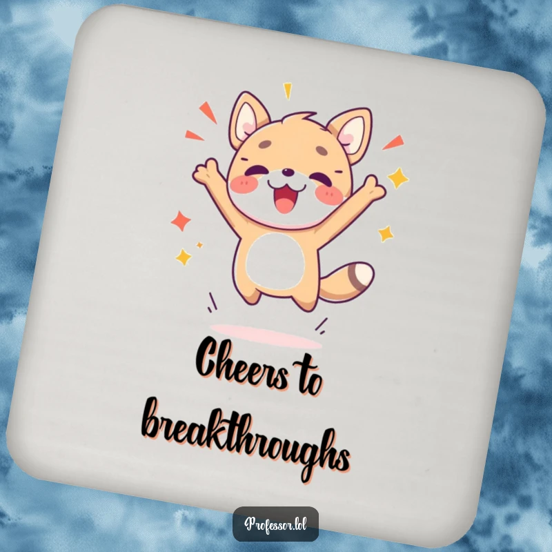 Funny drink coaster featuring a cute animal character leaping joyfully, celebrating a breakthrough or success, perfect for tabletops.