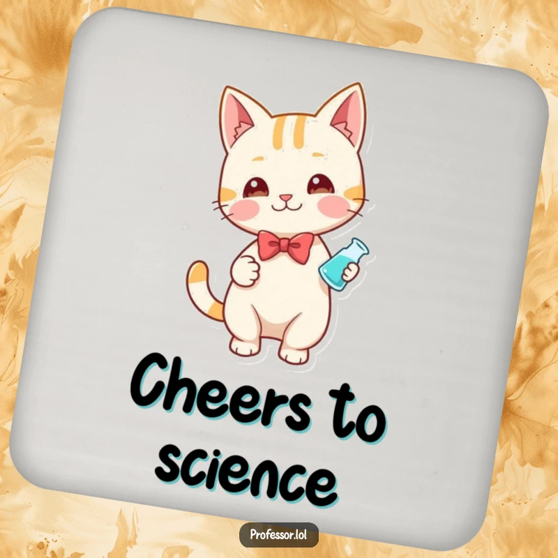 Funny drink coaster depicting a playful cat wearing a bow tie, holding a small beaker, ready for scientific experiments.