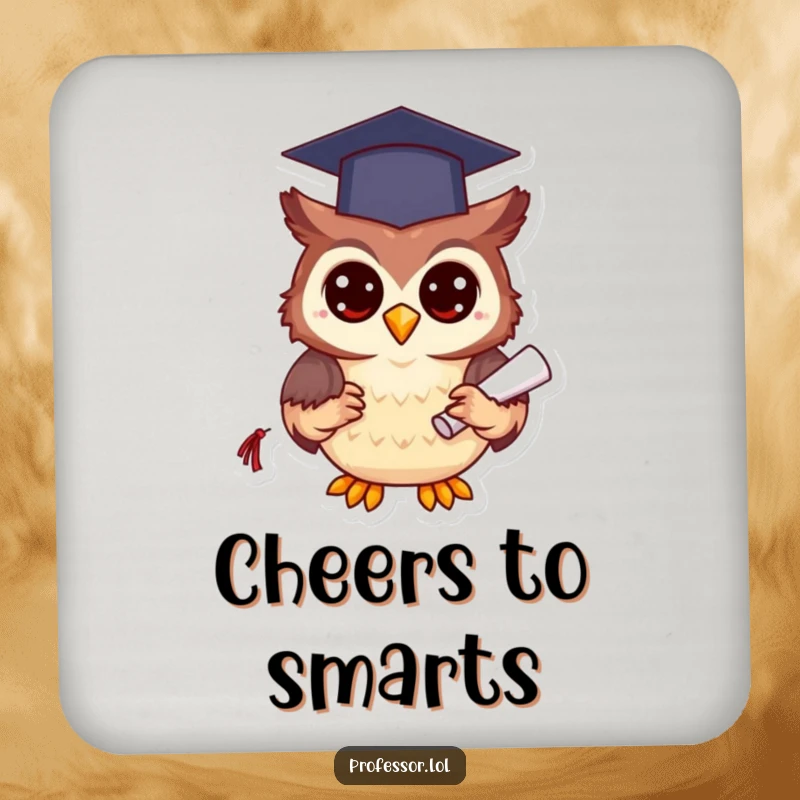 Funny happy owl character in a graduation cap holding a diploma, looking wise on this decorative drink coaster.