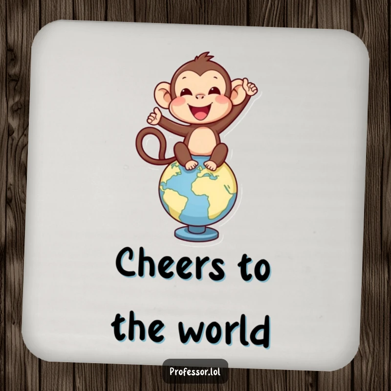 Funny delighted monkey character balancing on a globe, celebrating adventure on this decorative drink coaster.