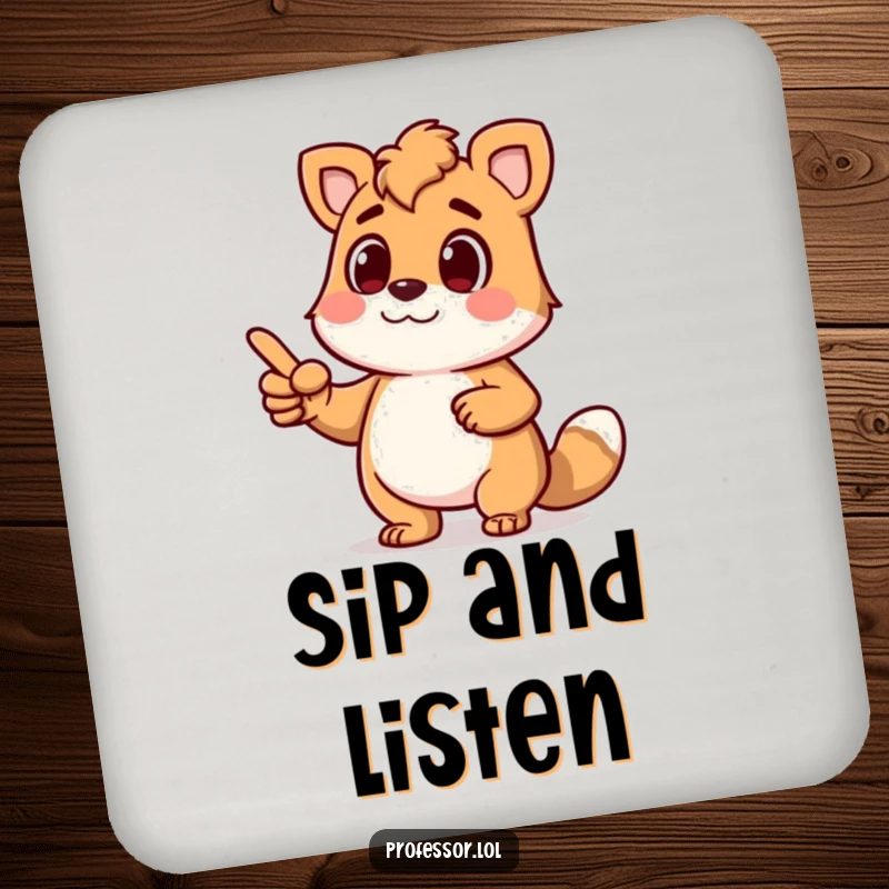 Funny drink coaster showing a determined animal character lecturing with a pointer, offering stylish surface protection with a humorous authoritative touch.