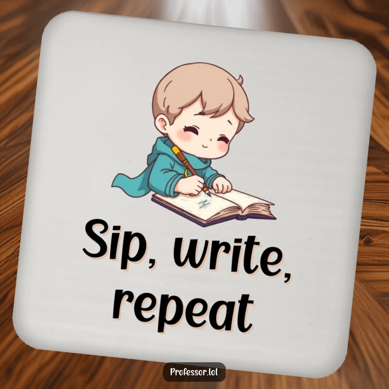 Funny drink coaster for authors, depicting an inspired character writing rapidly with a quill.