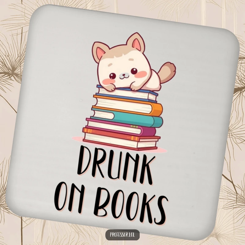 Funny cute animal character comically tripping over a stack of books on a drink coaster.