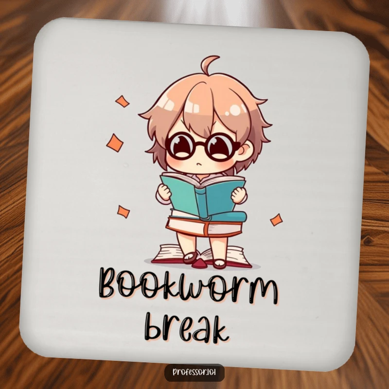 Funny coaster depicting a character concentrating intensely while juggling books, adding literary humor.