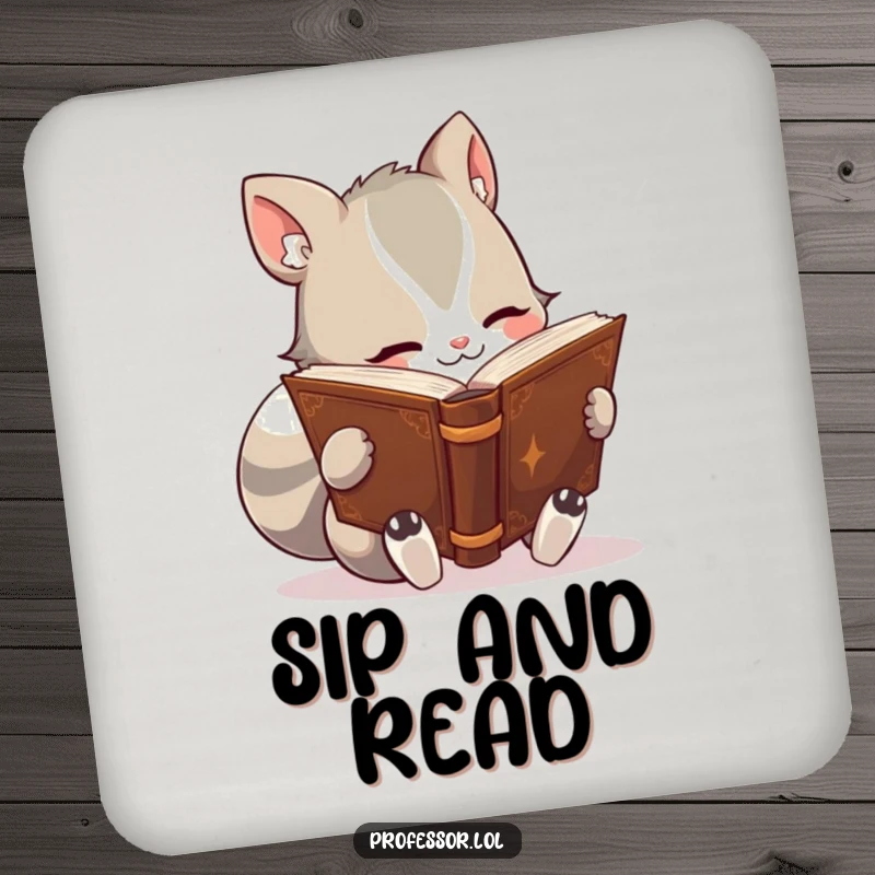 Funny drink coaster featuring a cute animal character engrossed in reading a thick, ancient-looking book, adding a humorous literary touch to surfaces.