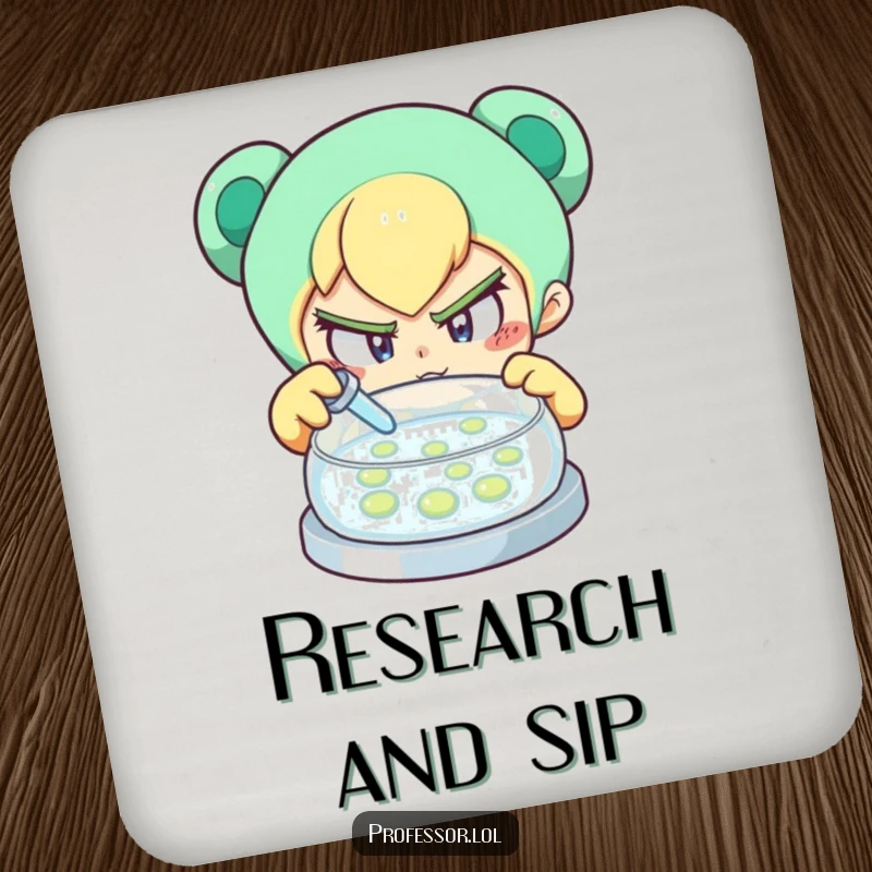 Funny coaster with a determined character curiously examining a petri dish, offering surface protection with scientific humor.