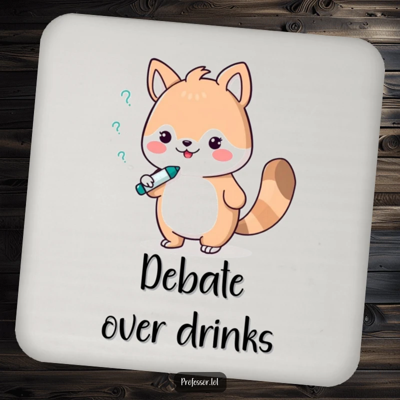 Funny drink coaster featuring a cute animal character engaged in a humorous debate with a whiteboard marker, perfect for protecting surfaces.