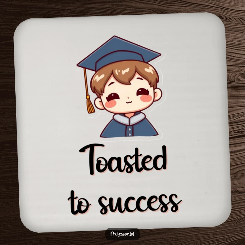 Funny Graduation Coaster: A character wears a graduation cap tilted jauntily, protecting surfaces with humorous pride.