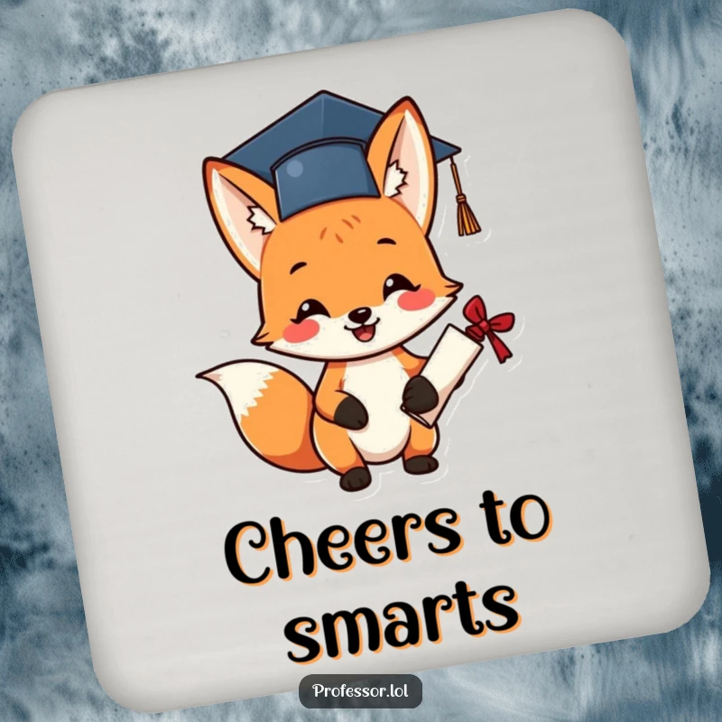 Funny graduation fox coaster depicting a cheerful fox in a tiny cap, holding a diploma.