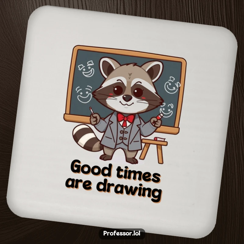 Funny Kawaii raccoon professor drawing funny faces on a blackboard, presented on a humorous and protective drink coaster for tables.