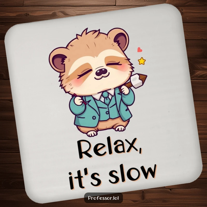 Funny Kawaii sloth professor dozing off while holding a lecture pointer, presented on a humorous and protective drink coaster for tables.