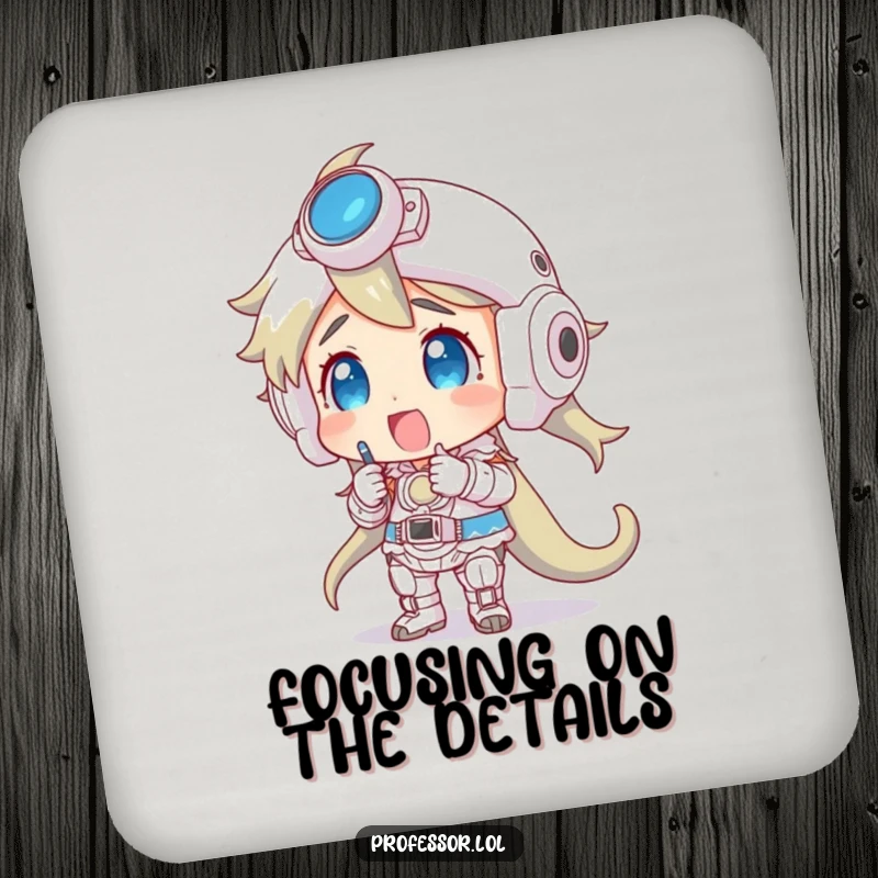 Funny drink coaster for model hobbyists, depicting a character engrossed in a complex model.