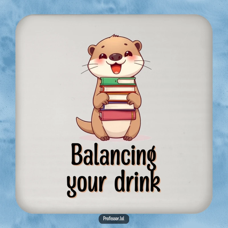 Funny Drink Coaster with a delighted otter balancing books on its nose, adding literary humor to furniture protection.