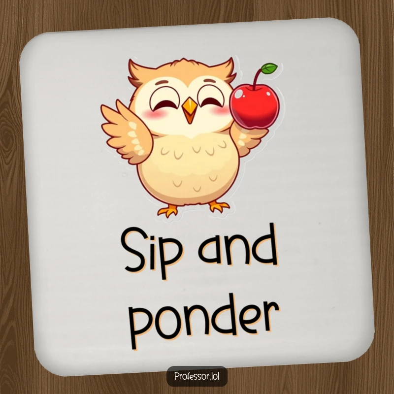 Funny drink coaster with an excited owl demonstrating physics with a falling apple, protecting surfaces with smart charm.