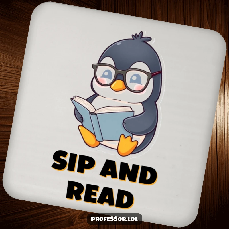Funny Penguin Bookworm Coasters: Set featuring a chubby penguin wearing spectacles, reading a thick book, adding humorous protection.