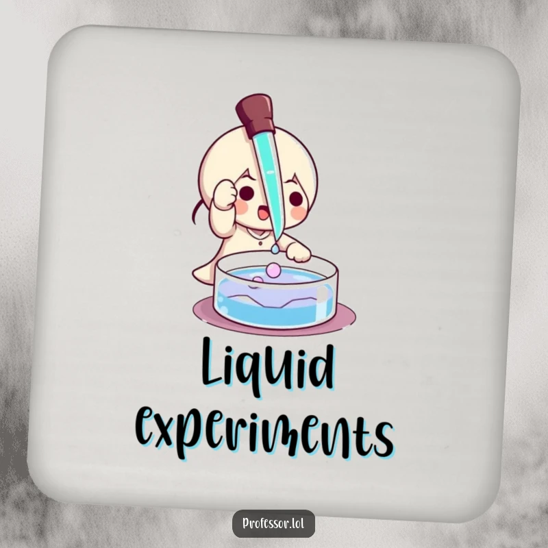 Funny coaster depicting a character playfully using a pipette to drip liquid onto a petri dish, adding science humor.