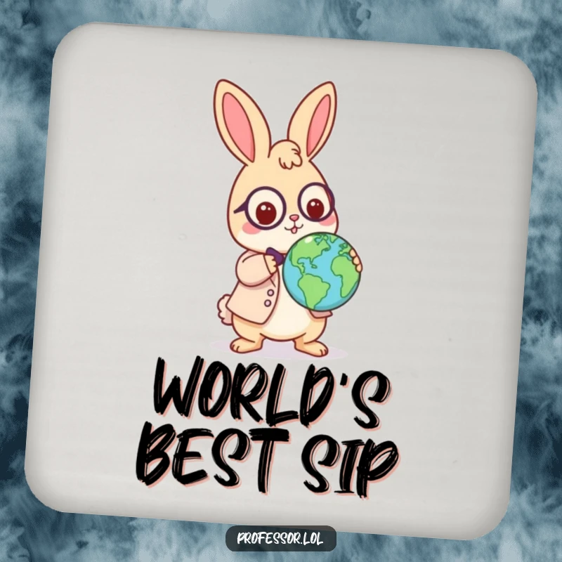 Funny Kawaii rabbit professor coaster, playful character balancing a globe on its nose, humorous table accessory, perfect for desks and bars.