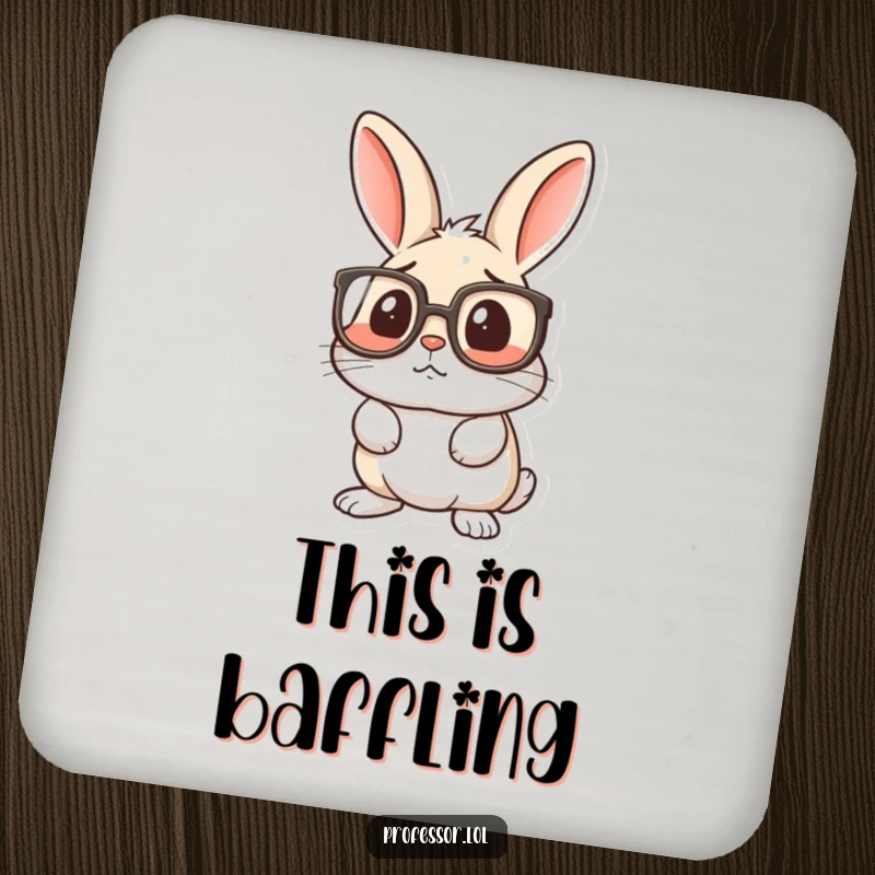 Funny drink coaster with a surprised rabbit wearing large spectacles, looking confused, adding humor to tables.