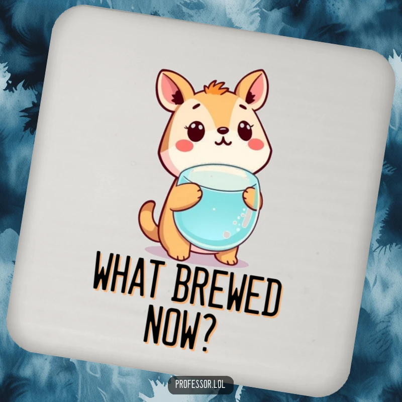 Funny cute animal character with a comically shocked expression at a floating science beaker on a coaster.