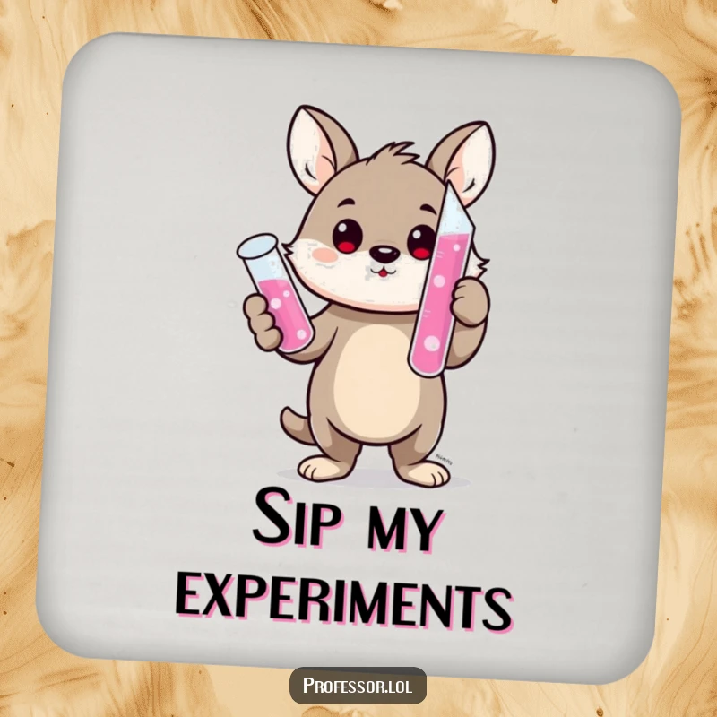 Funny drink coaster featuring a cute animal character proudly holding a bubbling test tube, adding a humorous science touch to surfaces.