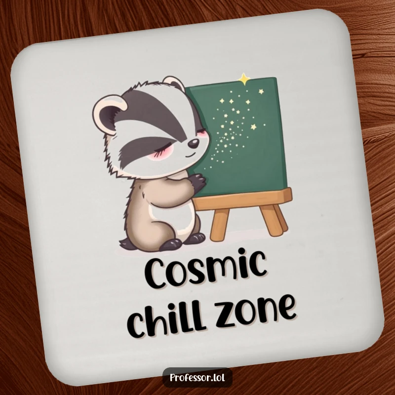 Funny Drink Coaster with a sleepy badger sprinkling stardust onto a blackboard, adding whimsical protection to furniture.