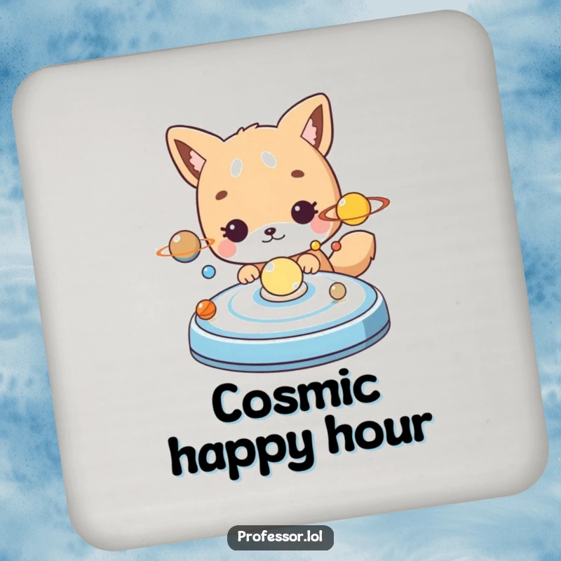 Funny cute animal character curiously examining a model of the solar system on a drink coaster.