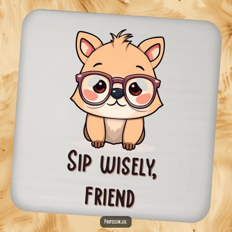 Funny drink coaster featuring a cute animal character wearing spectacles humorously, protecting surfaces with a studious, comical appearance.