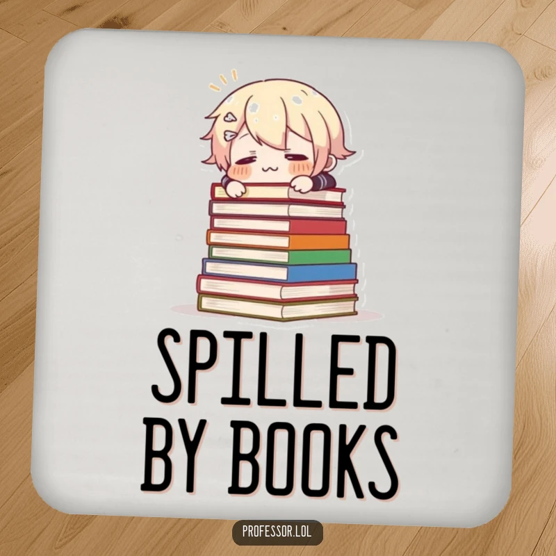 Funny coaster depicting a surprised character tripping over books, protecting surfaces with a dose of comical charm.