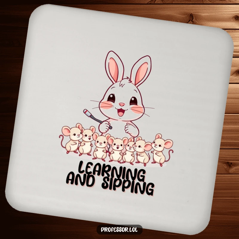 Funny drink coaster depicting a cheerful rabbit character teaching a class of tiny mice, promoting learning.