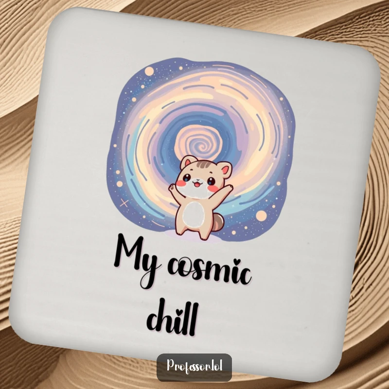 Funny drink coaster set with a small animal character pointing at a swirling galaxy, adding cosmic flair to drink service.