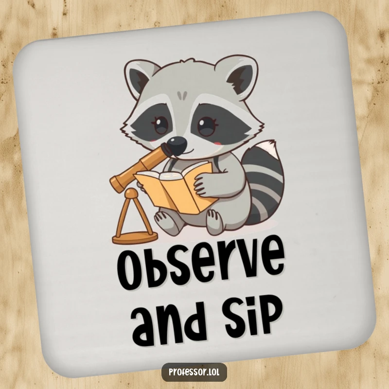 Funny drink coaster depicting a curious raccoon character using a telescope to look at a book, promoting investigation.