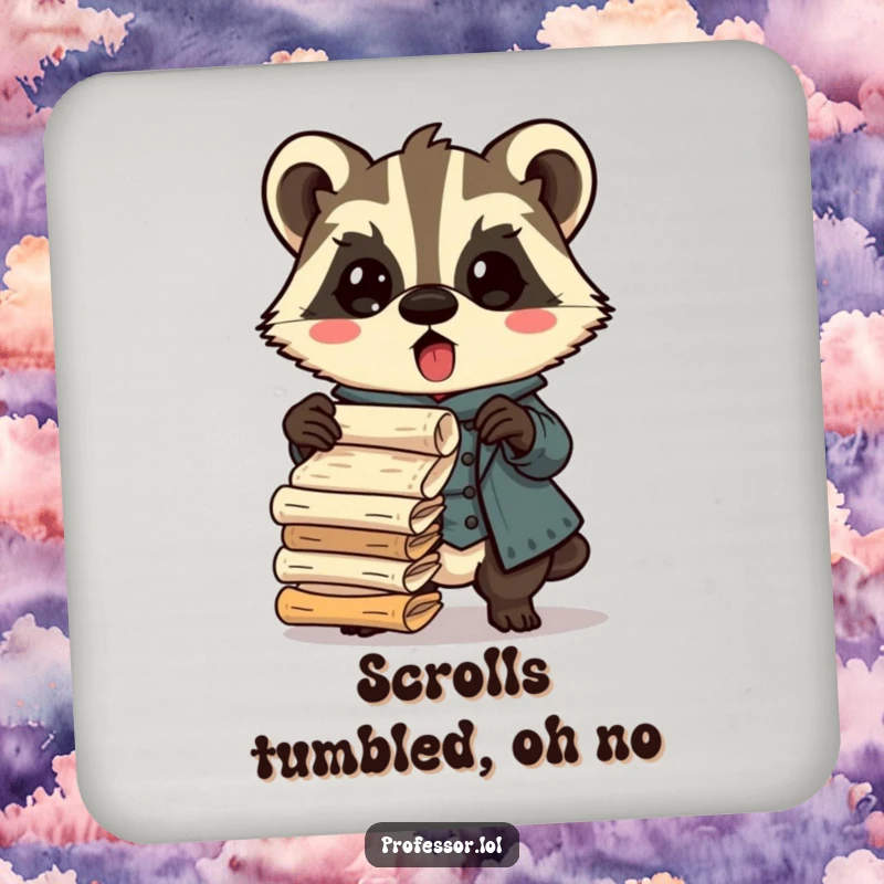 Funny Kawaii badger professor coaster, surprised character dropping ancient scrolls, humorous table accessory, perfect for desks and bars.