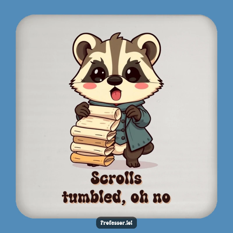 Funny Badger Professor Coaster: Scholar Surprised, Dropping Scrolls, Funny Gift