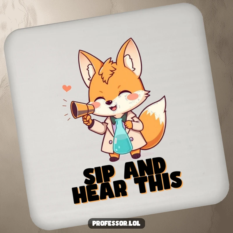 Funny Kawaii fox professor coaster, giggling character with beaker megaphone, humorous table accessory, perfect for desks and bars.