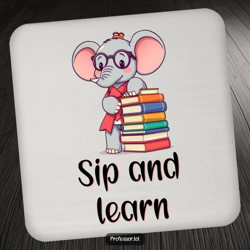 Funny Kawaii elephant professor character precariously balancing books on this protective drink coaster.