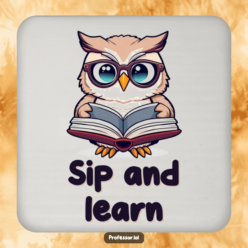 Funny owl spectacles coaster depicting a cute owl wearing glasses, curiously reading an open book.
