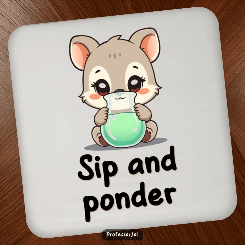 Funny drink coaster showing a curious animal character examining a bubbling beaker, offering stylish surface protection with a scientific twist.