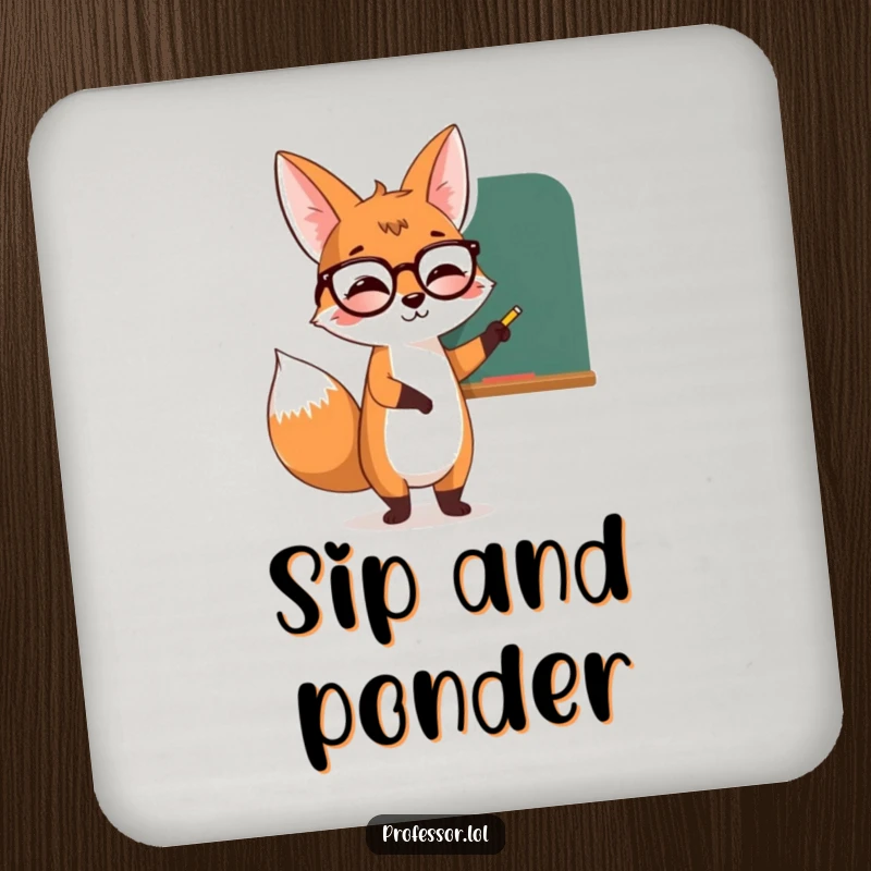 Funny giggling fox character wearing spectacles, pointing at a chalkboard, looking wise on this decorative drink coaster.