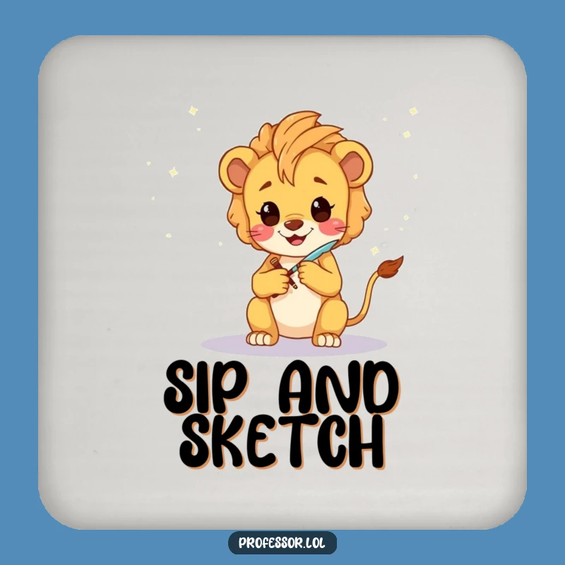 Funny Lion Cub Artist Coasters: Whimsical Galaxy Sketch Set for Drink Protection