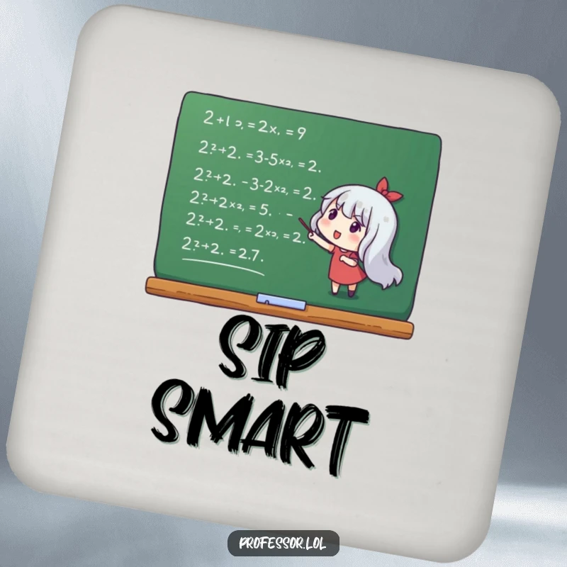 Funny coaster depicting a character pointing at mathematical equations on a chalkboard, adding academic humor.