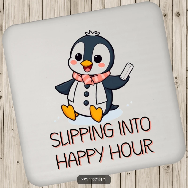 Funny Penguin Professor Coaster: A cheerful penguin slides across an icy chalkboard, a hilarious and protective coaster.