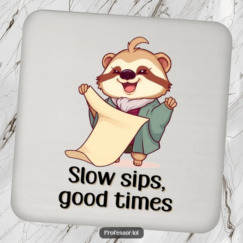 Funny Sloth Professor Coaster: A joyful sloth professor slowly unfurls a very long scroll, a hilarious and protective coaster.