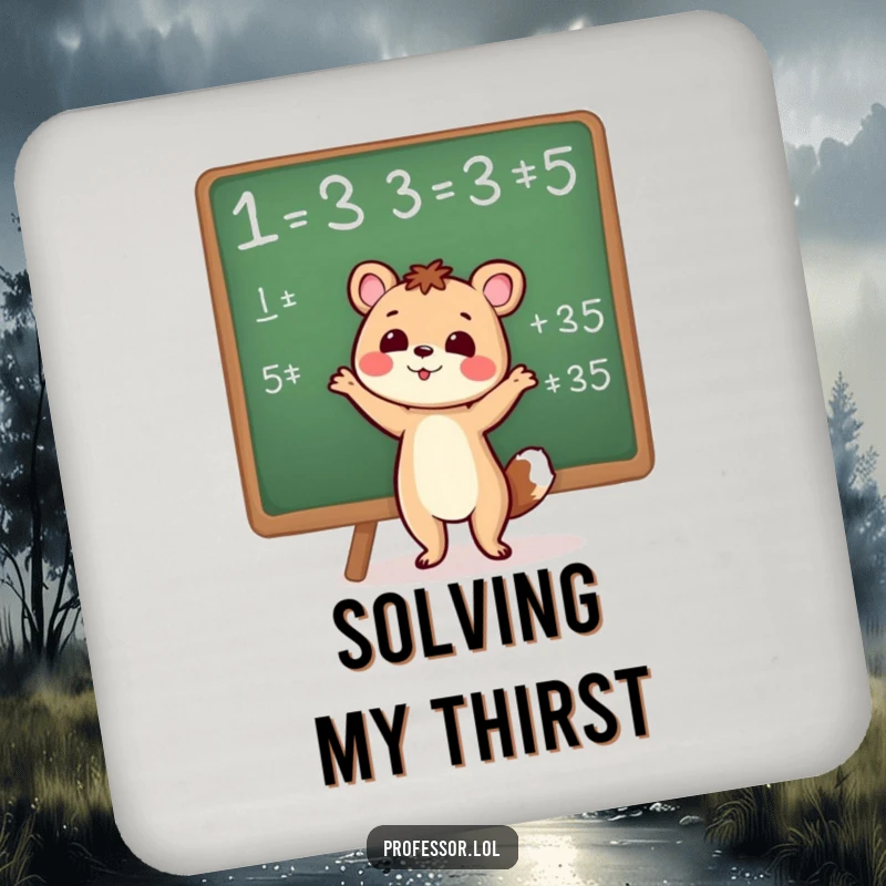 Cute animal enthusiastically gesturing towards a chalkboard equation, depicted on a protective drink coaster.