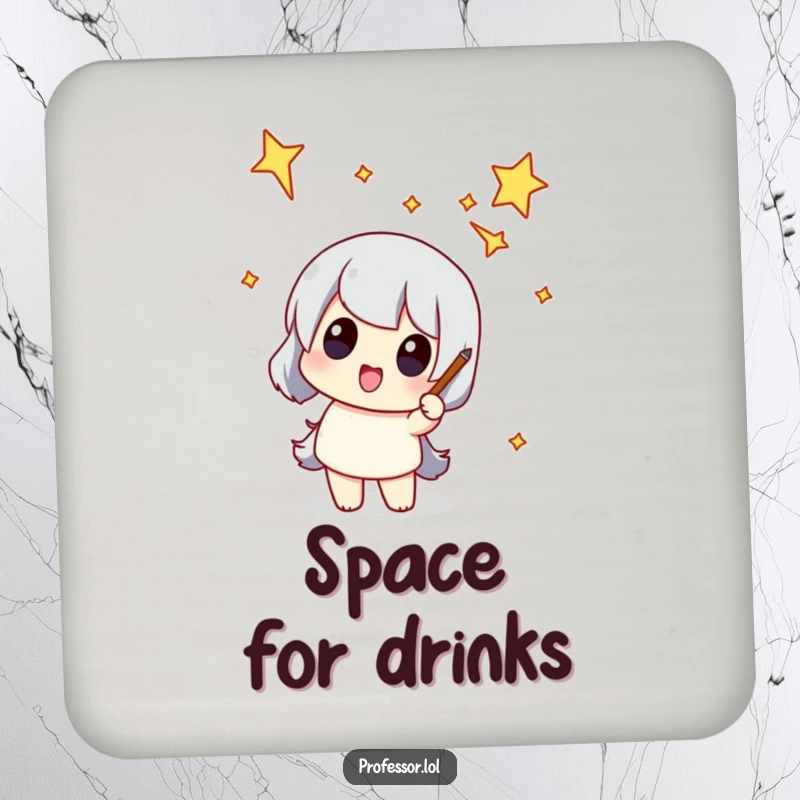 Funny coaster with a character pointing at a funny-shaped constellation, offering surface protection with cosmic humor.