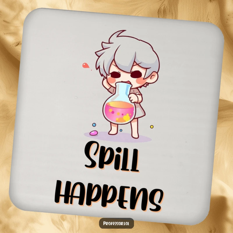 Funny coaster depicting a startled character and a dropped beaker of colorful liquid, adding lab humor.