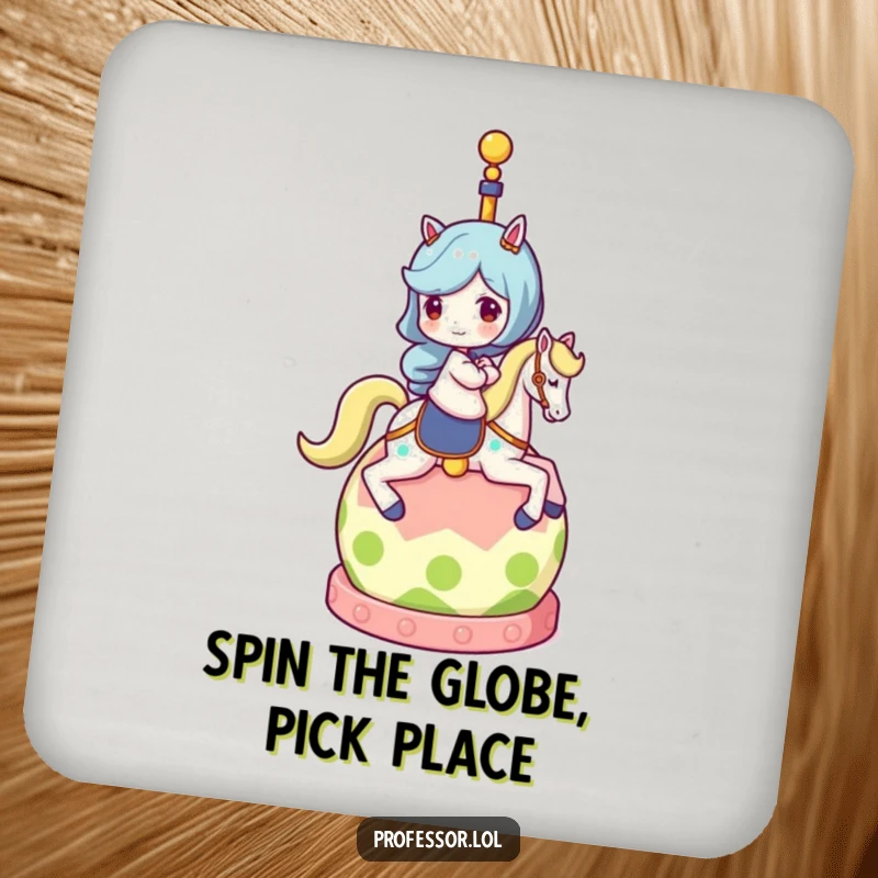 Funny drink coasters featuring a character riding a globe, offering protection and a humorous, travel-themed conversation starter.