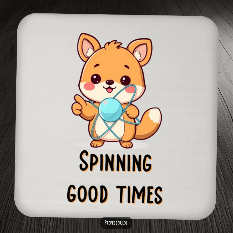 Funny drink coaster featuring a cute animal character excitedly pointing at a spinning atom model, adding a humorous science touch to surfaces.